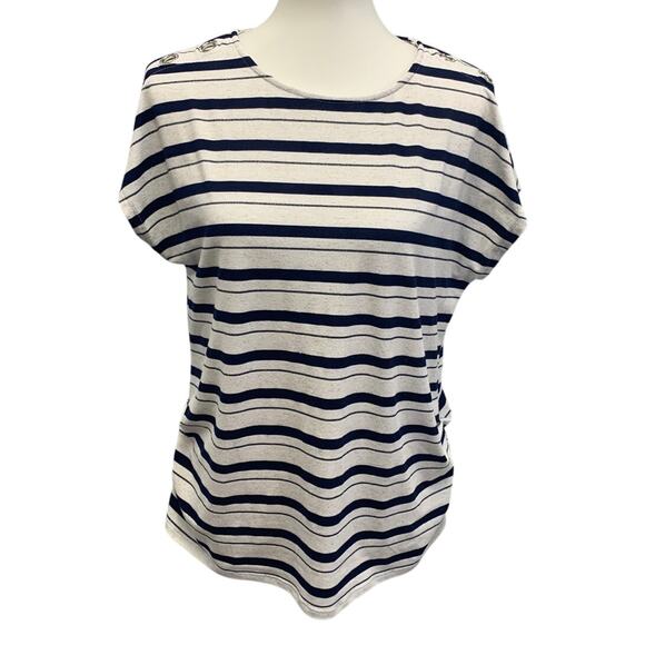 89th & Madison Womens Large Striped Top w Rhinestone Shoulder Accent Holes - Picture 1 of 6